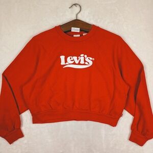 Levi's Cropped Sweatshirt Womens Small Red Logo Raglan Fleece Pullover Y2K 90s